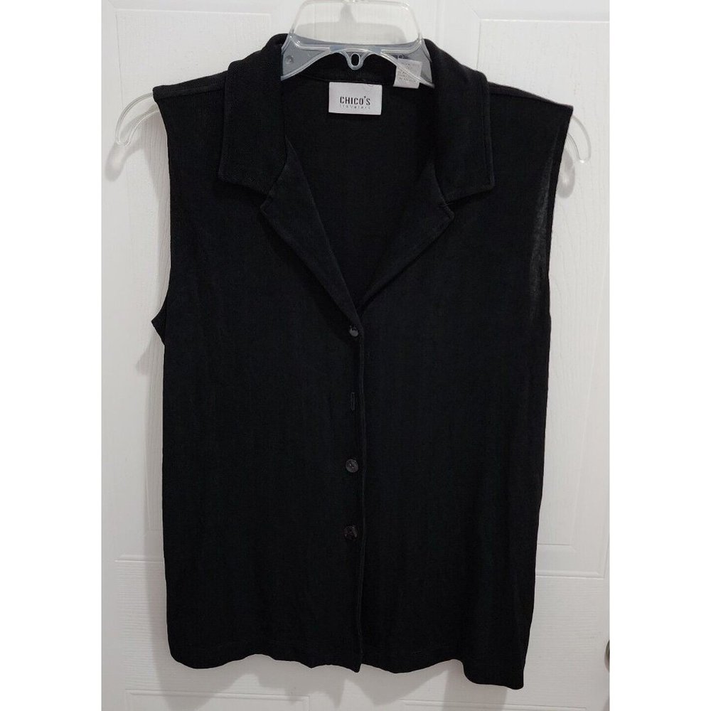 Chico's Travelers Sleeveless Button Down Collared Top Slinky Knit Black Sz 1 (M)